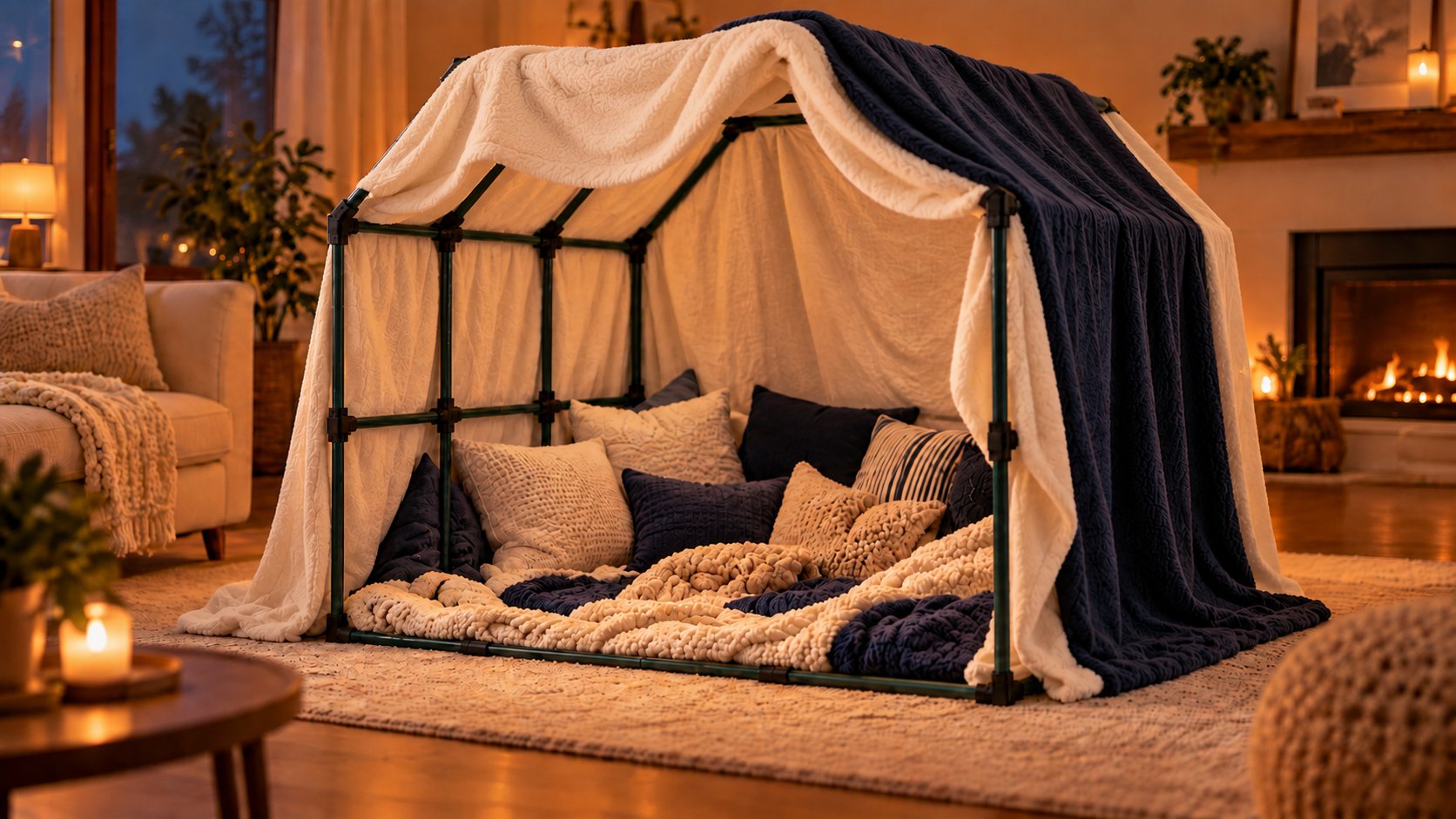 NESTR Core AI prototype visualization in a living room; not actual product photography. Blankets and décor shown do not establish kit contents.